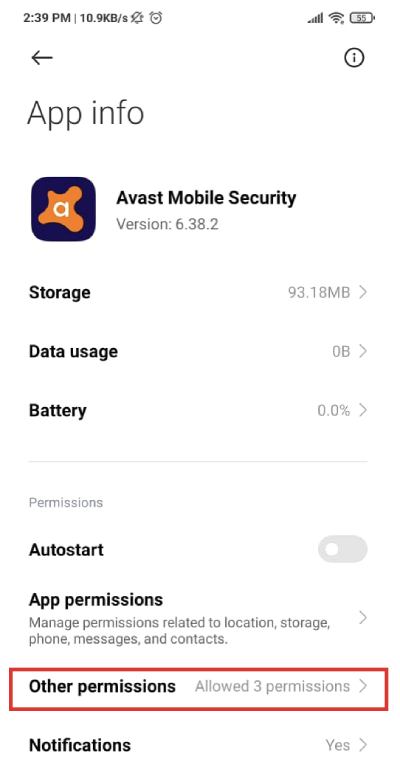 avast other permissions